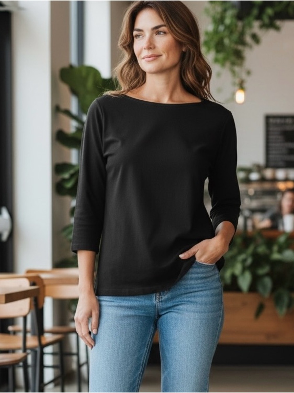 Talbots 3/4 Sleeve Boat Neck Top Womens Sz MP Cotton Casual Minimalist Basic